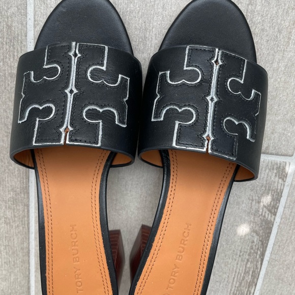Tory Burch Ines Black Leather Mid Heel Slide Sandals Womens - Picture 5 of 5